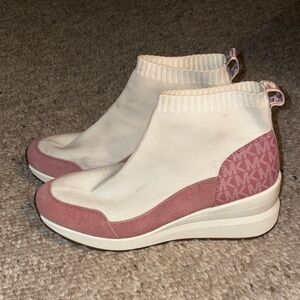 Michael Kors Cream Knit Sock Ankle Wedges with Pink Accents